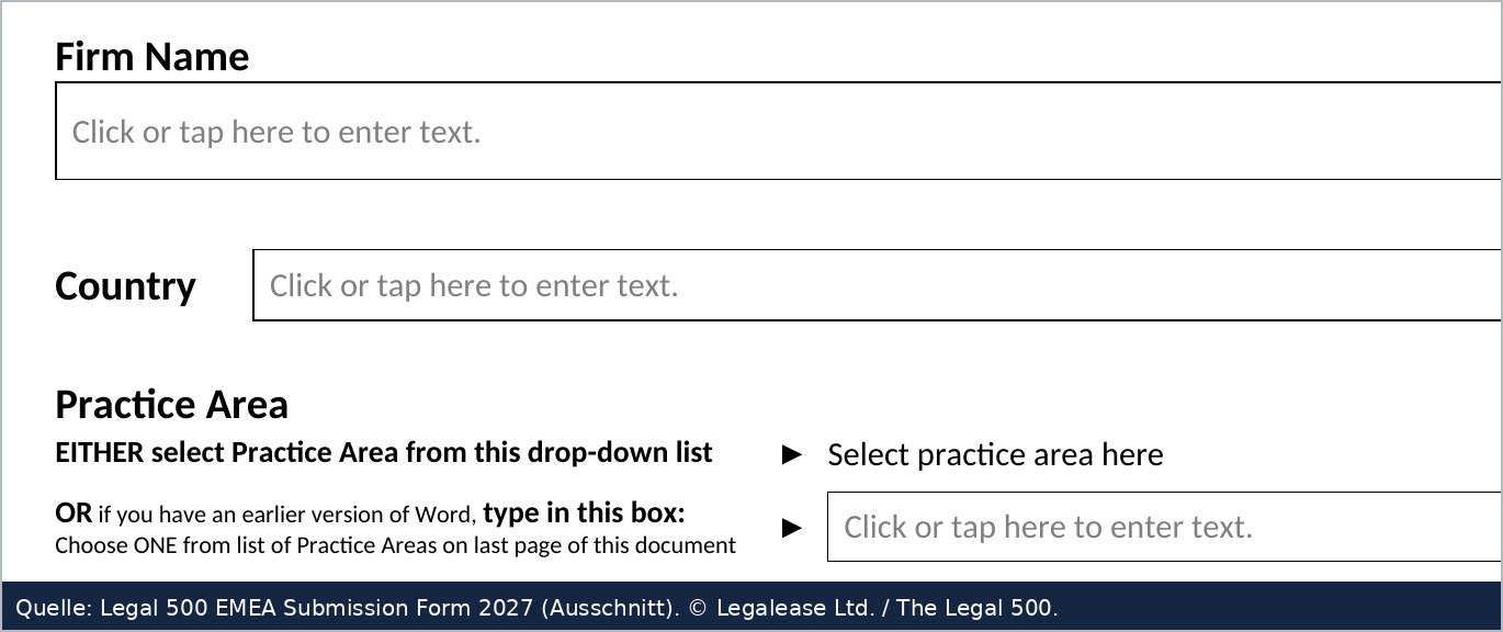 2027 (neu): Inhaltssteuerelemente „Click or tap here to enter text“. Quelle: Legal 500 EMEA Submission Form 2027 (Ausschnitt). © Legalease Ltd. / The Legal 500.