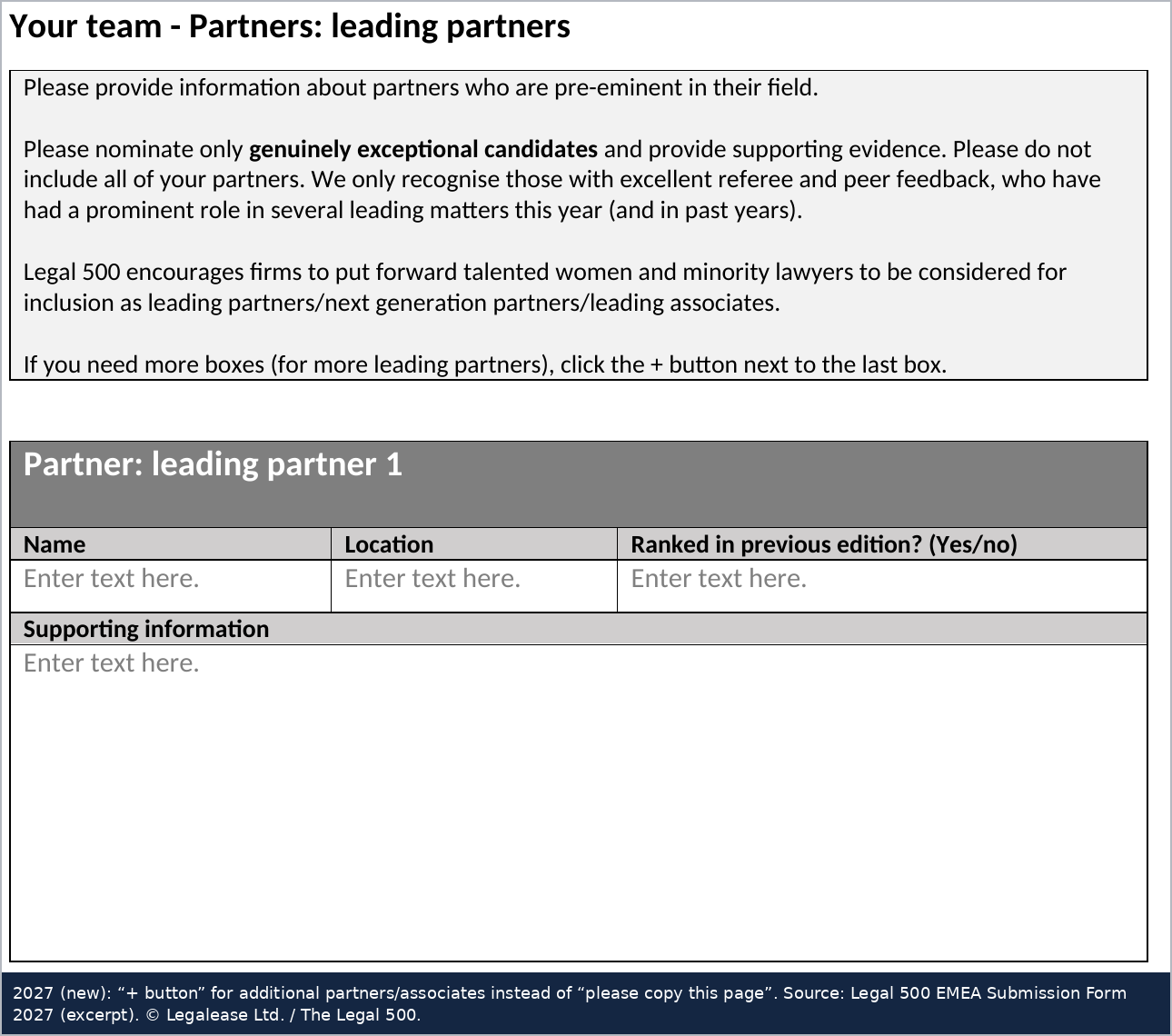 2027 (new): “+ button” for additional partners and associates instead of “please copy this page”. Source: Legal 500 EMEA Submission Form 2027 (excerpt). © Legalease Ltd. / The Legal 500.
