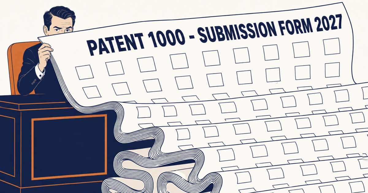 Anwalt blickt skeptisch in die Kamera hinter einem riesigen Einreichungsformular mit der Aufschrift Patent 1000 Submission Form 2027 und endlosen Ankreuzfeldern