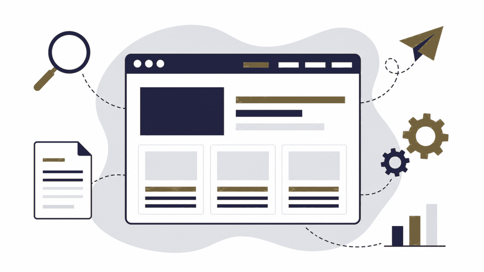 Illustration of a law firm website: browser window with practice area tiles, search and structure
