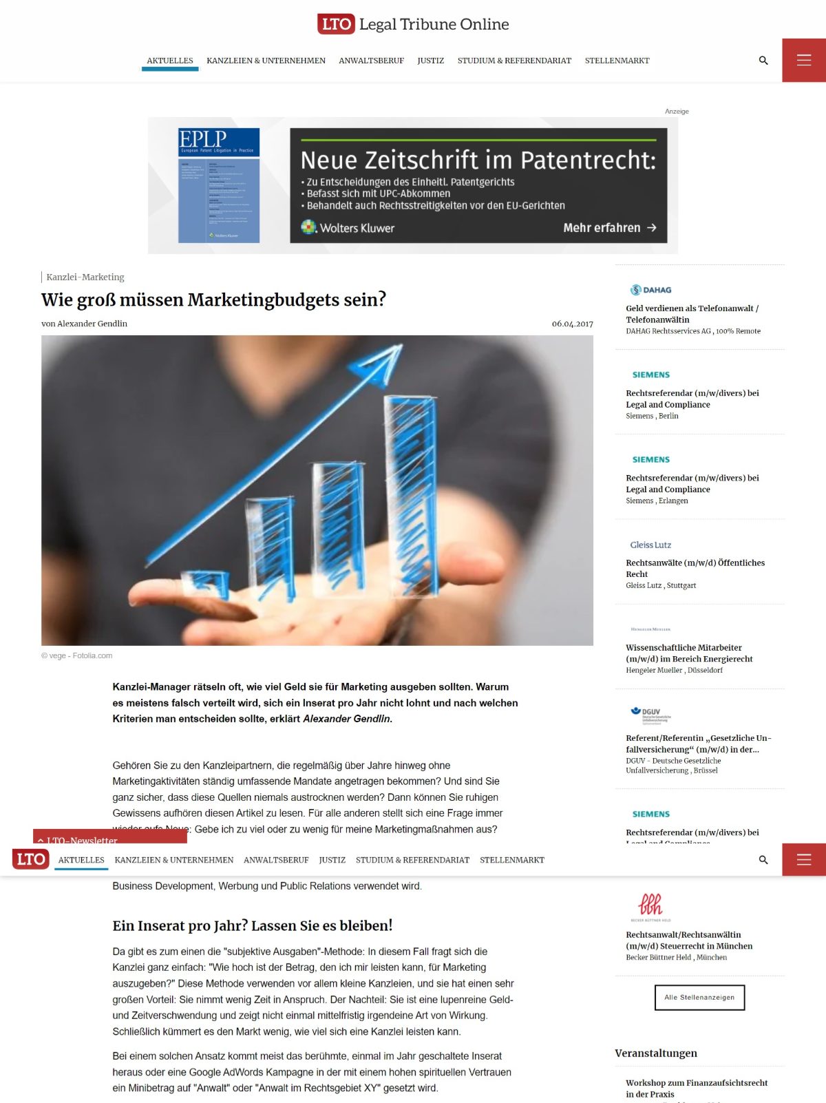 Guest article by Alexander Dillinger on LTO.de about law firm marketing budgets, page 1 of 3