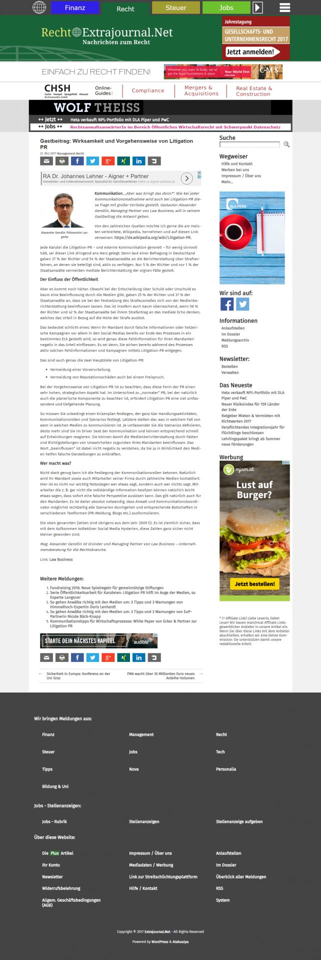 Bericht auf extrajournal.net über Litigation PR