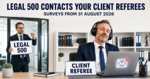 Legal 500 contacts your client referees: a desk sign reading CLIENT REFEREE while the referee listens to music and a Legal 500 representative knocks at the door