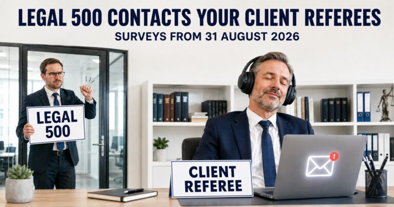Legal 500 contacts your client referees: a desk sign reading CLIENT REFEREE while the referee listens to music and a Legal 500 representative knocks at the door