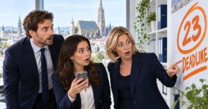 Marketingteam einer Wiener Kanzlei bemerkt überrascht die Leaders-League-Deadline am 23. Oktober, im Hintergrund der Stephansdom