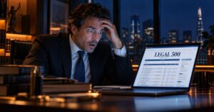 Anwalt starrt mit weit aufgerissenen Augen auf die Legal-500-Website auf seinem Laptop