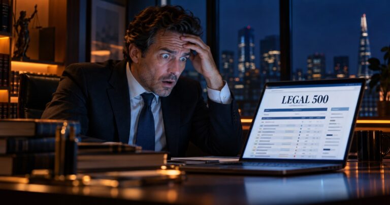 Anwalt starrt mit weit aufgerissenen Augen auf die Legal-500-Website auf seinem Laptop